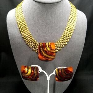 Vintage Gold Plated Choker Necklace, Enamel Earrings Pendant, 18 Inches